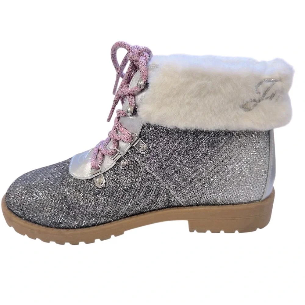 Juicy Couture Girls' Silver Glitter Hiker Ankle‎ Boots Size 5 Winter glamour
